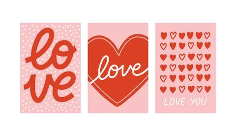 Vector set of romantic cards with decorative hearts and handwritten love Ilustração Stock