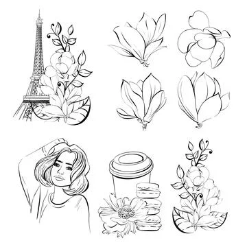 Vector set romantic Paris with flowers. Eiffel tower with travel to France, girl Stock Illustration