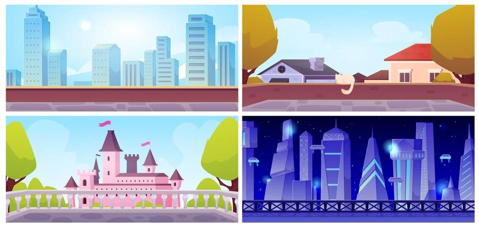 Vector set rooftop views of a futuristic city with skyscrapers, megalopolis Ilustración de archivo