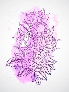 Vector set of roses and leaves. Purple contour. Illustrazione stock