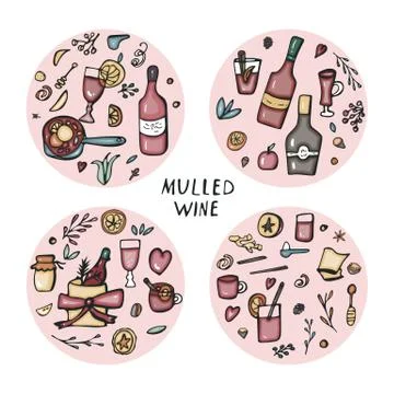 Vector set of round badges mulled wine elements and objects. Circle compositi 스톡 일러스트