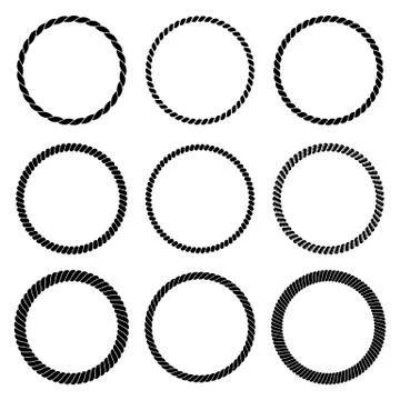 Vector set of round black monochrome rope frame. Collection of circles Stock Illustration