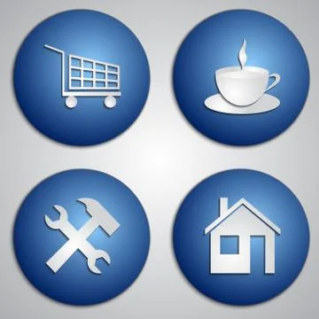 Vector set of round blue site icons with paper cut image Stock Illustration