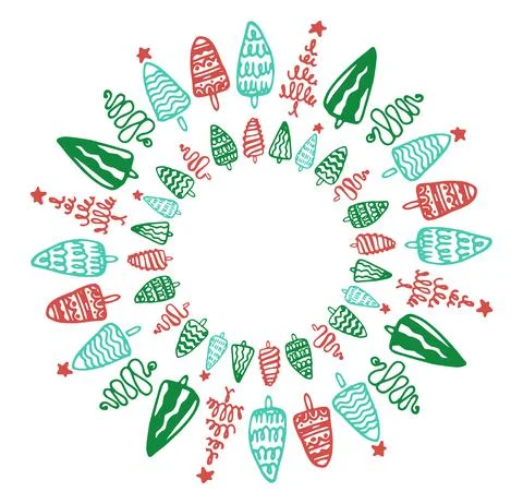 Vector set of round Christmas tree frames in red and green and turquoise colors Stock Illustration