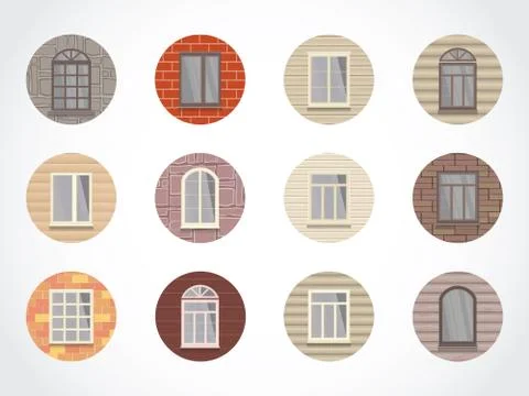 Vector set of round colored icons of windows on different walls. Ilustración de archivo