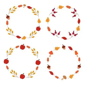 Vector set round frame of leaves, berries, mushrooms, apple, acorn for text. Stock Illustration