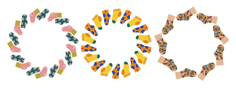 Vector set round frames with colorful socks. Flat hand drawn design isolate.. Stock Illustration