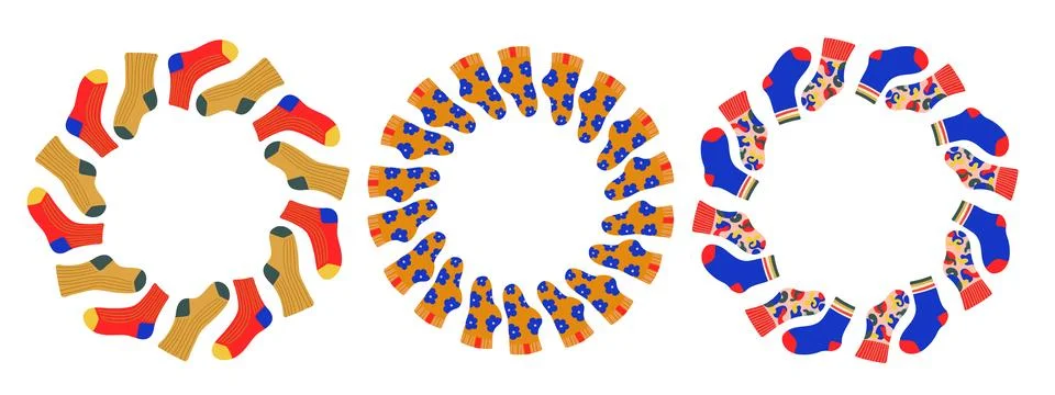 Vector set round frames with colorful socks. Flat hand drawn design isolate.. Stock Illustration
