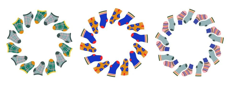 Vector set round frames with colorful socks. Flat hand drawn design isolate.. Stock Illustration