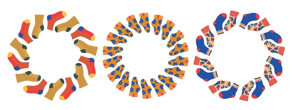 Vector set round frames with colorful socks. Flat hand drawn design isolate.. Ilustração Stock
