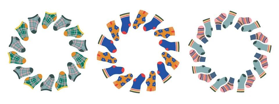 Vector set round frames with colorful socks. Flat hand drawn design isolate.. Ilustração Stock