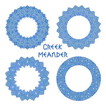 Vector set of round frames with motif of a Greek meander. Circles templates Stock Illustration