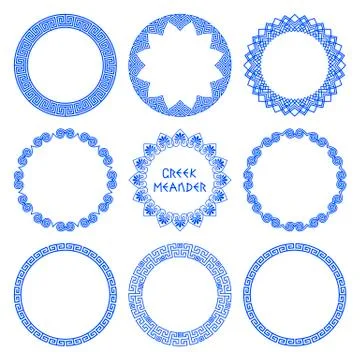 Vector set of round frames with native Greek flower and meander patterns Stock Illustration