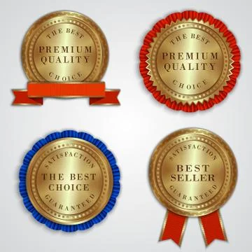 Vector set of round golden badge labels with ribbons and text Stock Illustration