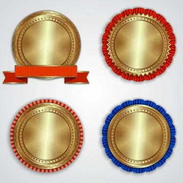 Vector set of round golden badge labels with ribbons and place for text Stock Illustration
