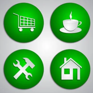 Vector set of round green site icons with paper cut image Stock Illustration