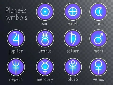 Vector set of round icons with astrological planets symbols. Stock Illustration