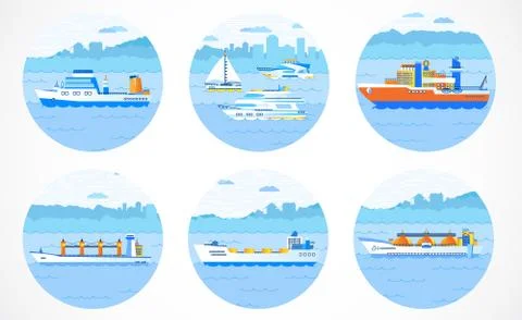 Vector set of round icons with ships. Illustrazione stock