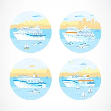 Vector set of round icons with ships. Stock Illustration