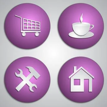 Vector set of round lilac site icons with paper cut image Stock Illustration