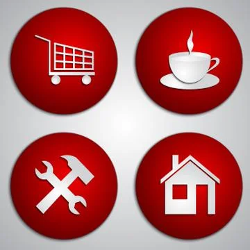 Vector set of round red site icons with paper cut image Stock Illustration