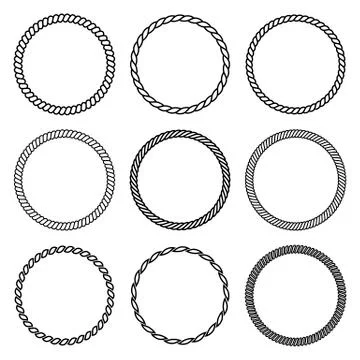 Vector set of round rope frame. Collection of thick and thin circles isolated 스톡 일러스트
