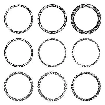 Vector set of round rope frame. Collection of thick and thin circles isolated Stock Illustration