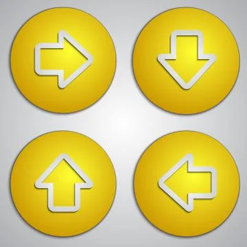 Vector set of round yellow arrow buttons with paper cut image Stock Illustration