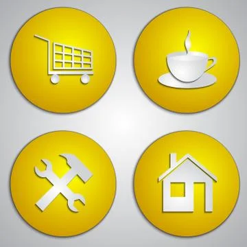 Vector set of round yellow site icons with paper cut image Illustrazione stock