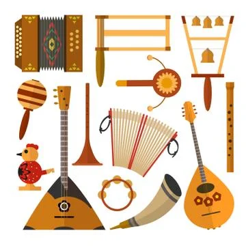 Vector set of Russian folk music instruments in flat style Stock Illustration
