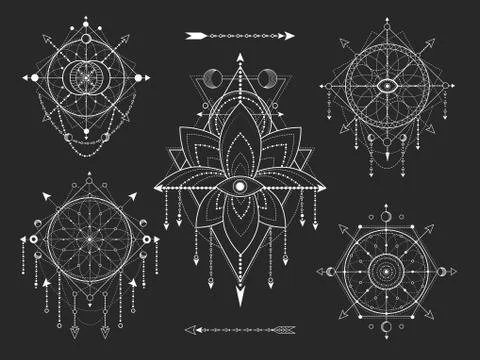 Vector set of Sacred geometric and natural symbols on black background Stock Illustration