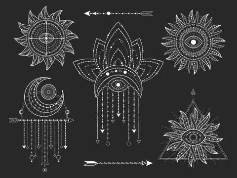 Vector set of Sacred geometric and natural symbols on black background Stock Illustration
