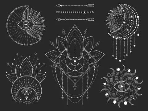 Vector set of Sacred geometric and natural symbols on black background Stock Illustration