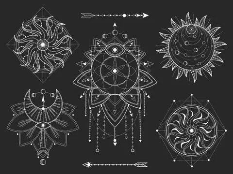 Vector set of Sacred geometric and natural symbols on black background. Stock Illustration