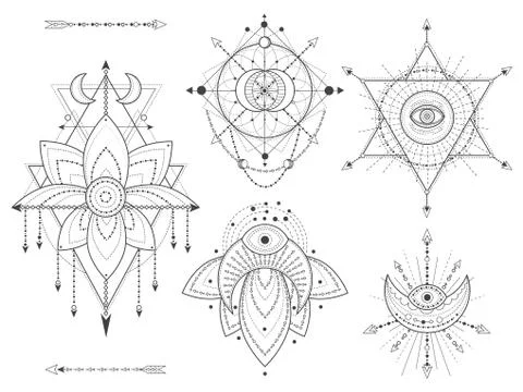 Vector set of Sacred geometric and natural symbols on white background. Abstr Stock Illustration