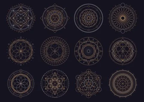 Vector set of sacred geometric figures, dreamcatcher and mystic symbols, gold Stock Illustration