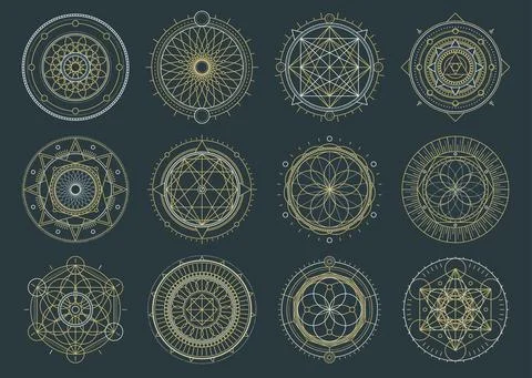 Vector set of sacred geometric figures, dreamcatcher and mystic symbols, alch Illustrazione stock