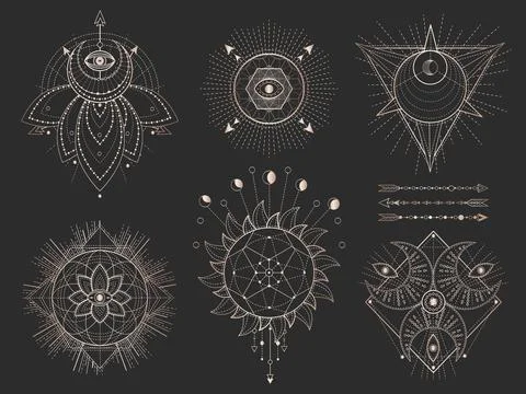 Vector set of Sacred geometric symbols and figures on black background. Gold  Stock Illustration