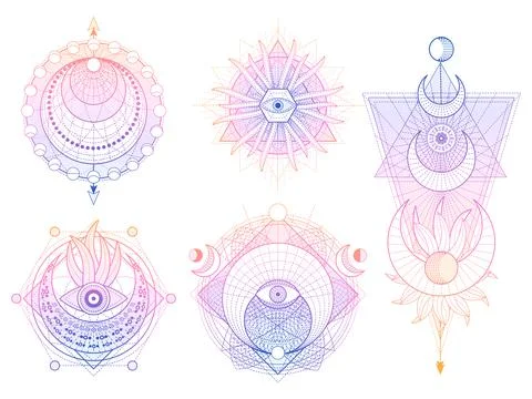 Vector set of Sacred geometry symbols with moon, sun, eye and arrows on white Stock Illustration