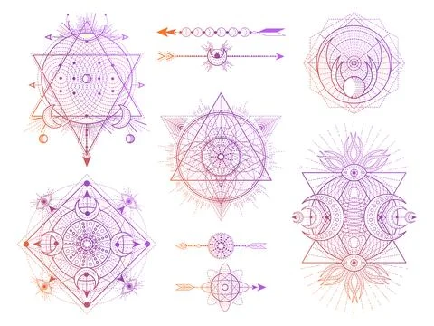 Vector set of Sacred geometry symbols with moon, eye and arrows on white back Stock Illustration