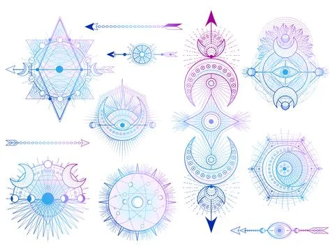 Vector set of Sacred geometry symbols with moon, sun, eye and arrows on white Stock Illustration