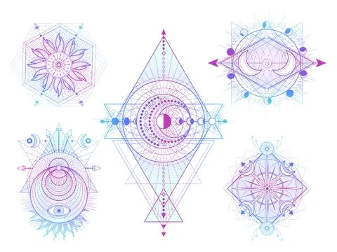 Vector set of Sacred geometry symbols with moon, sun and eye on white backgro Stock Illustration