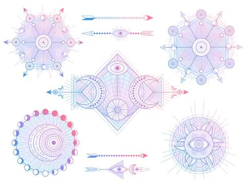 Vector set of Sacred geometry symbols with moon, sun, eye and arrows on white Stock Illustration