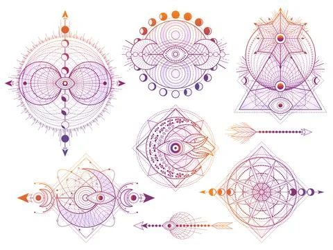 Vector set of Sacred geometry symbols with moon, sun, eye and arrows on white Stock Illustration