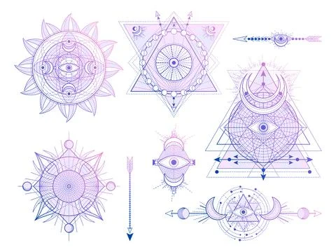 Vector set of Sacred geometry symbols with moon, sun, eye and arrows on white Stock Illustration