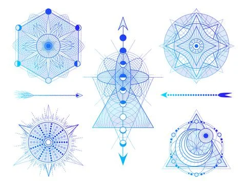 Vector set of Sacred geometry symbols with moon, sun, and arrows on white bac Stock Illustration