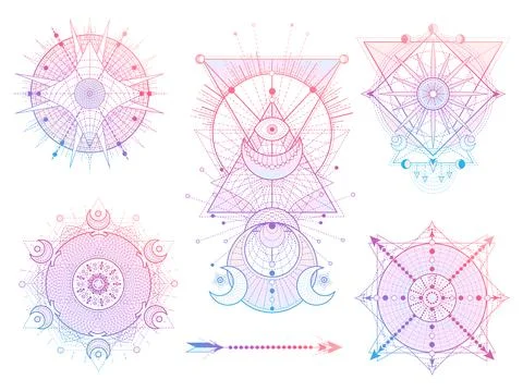 Vector set of Sacred geometry symbols with moon, sun, eye and arrow on white  Stock Illustration