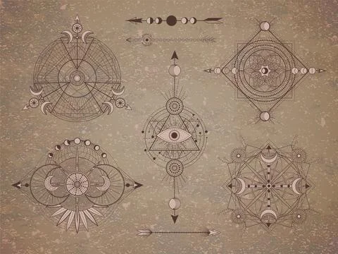 Vector set of Sacred symbols with moon, eye, arrows and geometric figures on  Stock Illustration