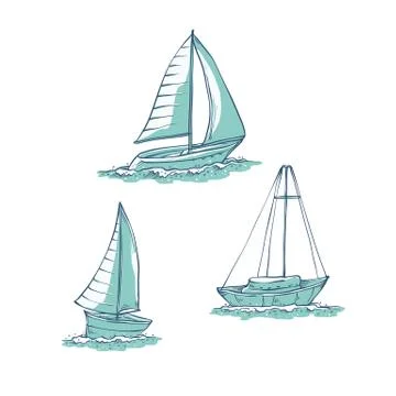Vector set sailing yachts on sea waves. Water transport for travel, recreation Stock Illustration