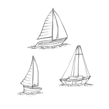 Vector set sailing yachts on sea waves. Water transport for travel, recreation Stock Illustration